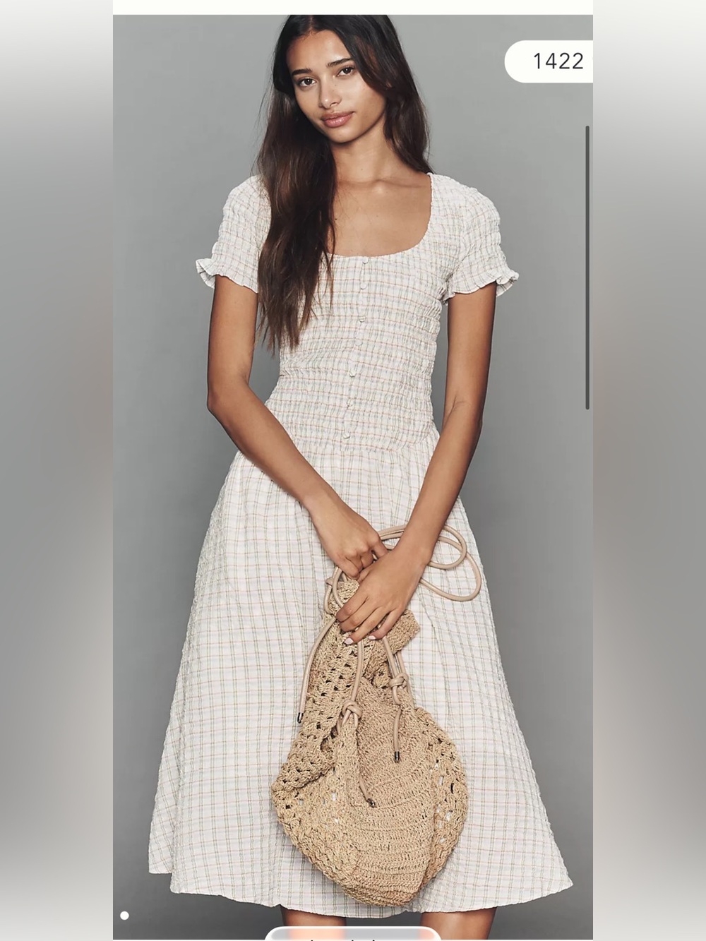 Smocked Square-Neck Midi Dress in Ivory Plaid